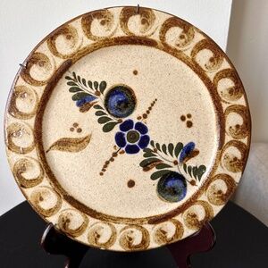 Vintage Tonala Mexican Pottery Stoneware Wall Plate Hand-Painted Floral Motif